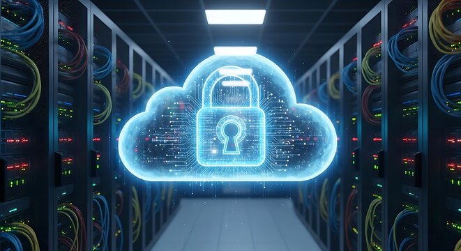 Secure cloud technology data center with digital padlock for robust cybersecurity protecting information and system integrity in cyberspace