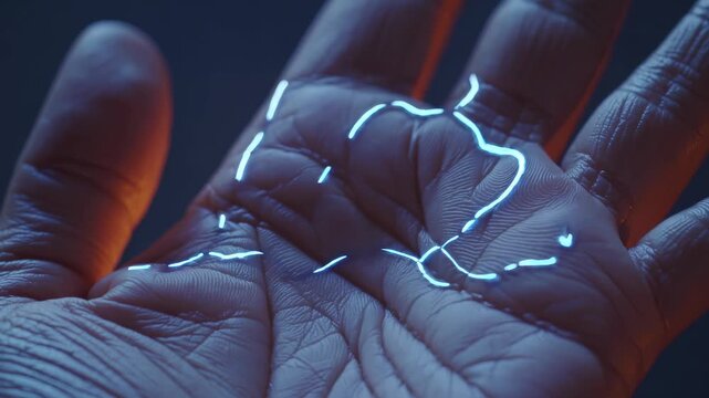 Glowing line traces across open palm as neon light map follows skin line and crease revealing energy flow and texture closeup futuristic technology concept with glow and light reflection detail