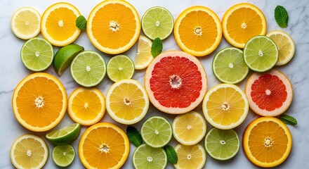 Colorful Citrus Fruits Flat Lay – Vibrant Grapefruit, Orange, Lemon, Lime Texture