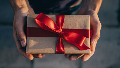 Hands hold a gift wrapped in brown paper with a red ribbon.