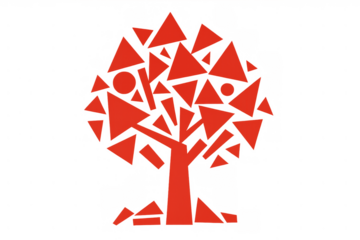 Red geometric abstract tree illustration with triangles, circles, and rectangular shapes on a transparent background, representing nature, growth, and ecology