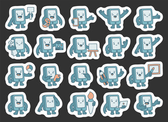 Smartphone guide character set showing adorable devices with friendly different emotions and poses teaching communication creativity education presentation and learning for modern design projects