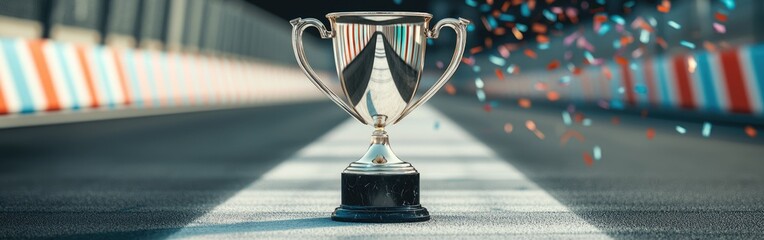 A stunning trophy displayed on a racetrack, surrounded by colorful confetti celebrating victory and achievement.