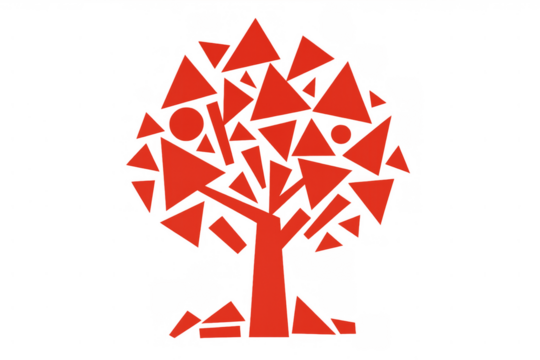 Red geometric abstract tree illustration with triangles, circles, and rectangular shapes on a transparent background, representing nature, growth, and ecology