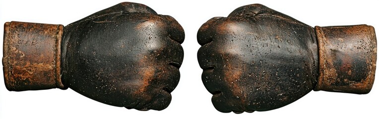 A pair of vintage boxing gloves showcasing craftsmanship and wear, embodying the spirit of competition and athleticism in the sport of boxing.