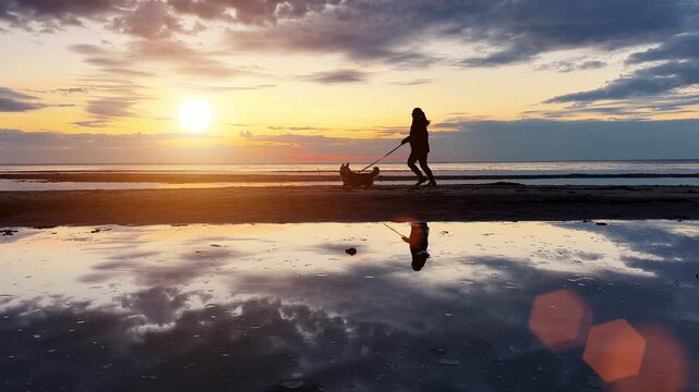 Happy girl walks with a dog