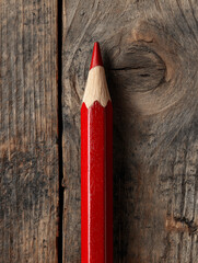Top-down flat lay of carpenter’s pencil | Red woodworking pencil placed on rustic weathered plank | Industrial craft theme | Product background for branding or mockups