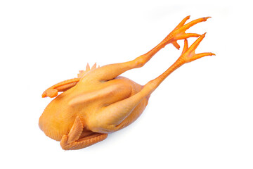 Retired egg-laying hens yellow meat. Fresh raw whole thai country chicken from fresh market in Thailand isolated on white background.