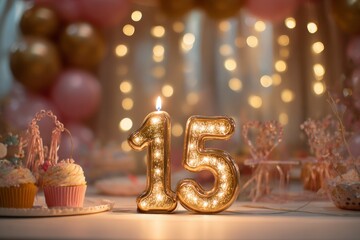 Sparkling Candle Number 15 for Celebration with Sweet Treats and Balloons