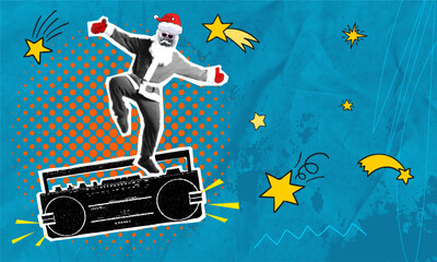 A trendy halftone pop art collage featuring Santa Claus in sunglasses and a disco ball for a head. An elderly man dances to the sounds of a retro tape recorder. Concept for Christmas and New Year's