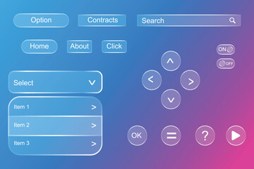 Glassmorphism ui set: transparent frosted buttons, search, dropdown, navigation, toggles, controls on blue-purple gradient for modern web and app design.