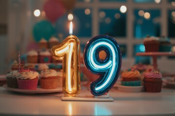 Colorful Candle Display Celebrating Nineteenth Birthday Party
