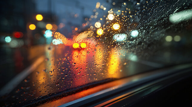 Raindrops on a car window reflecting the city lights at night, creating a beautiful blurred effect