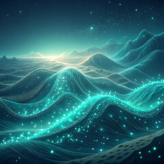 Abstract digital landscape with glowing teal and blue hues and starry night sky illustration