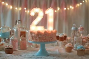 Elegant 21st Birthday Cake with Bright Candle Numbers on Table