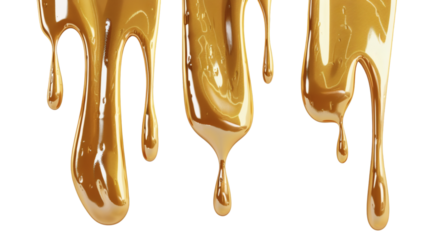 Set of melted gold drips with a realistic sheen isolated on a white background