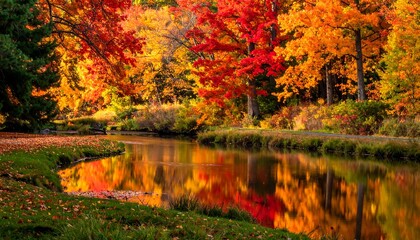 Vibrant autumn foliage reflected in a calm stream