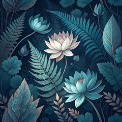 Dreamy floral pattern with water lilies and ferns in deep blue and teal tones illustration