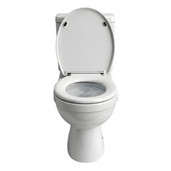 Front view of a clean white toilet bowl with water swirling inside. Hygiene and sanitation concept. Isolated on white or transparent background. PNG format.