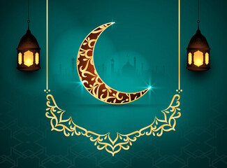 Elegant crescent moon and lanterns illuminate a festive Islamic celebration night