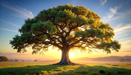 Majestic oak tree bathed in warm sunlight on a grassy field
