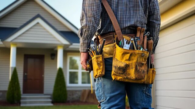 A professional with a tool belt approaches a house in a tranquil suburban area at sunset, ready to begin repair work - Powered by Adobe