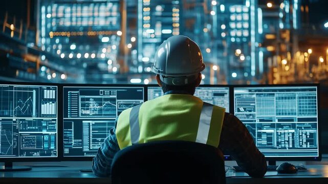 Operator closely monitors systems and data on several large screens in a high tech control room environment