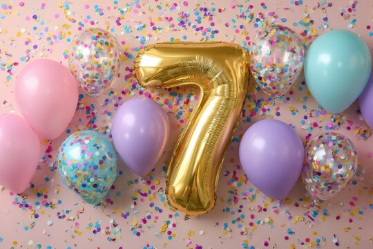 Festive Celebration With Gold Number Seven Balloon And Colorful Balloons