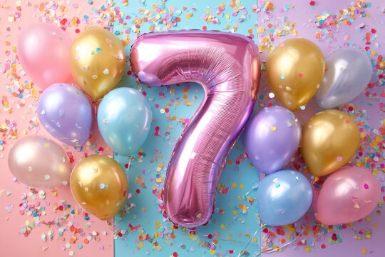 Colorful Celebration With Number 7 Balloon and Confetti Background