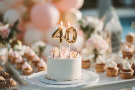 Elegant 40th Birthday Cake Surrounded by Delicate Cupcakes and Decor