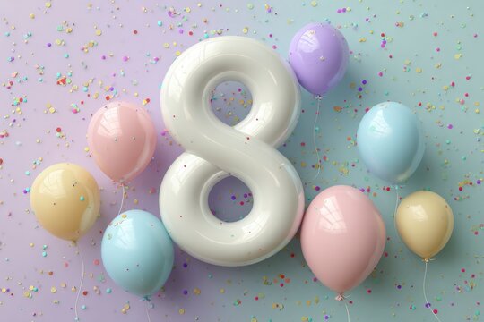 Colorful Celebration with Number Eight and Pastel Balloons in Background