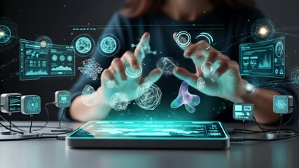 Futuristic scientist analyzing holographic data with advanced virtual reality interface for - Powered by Adobe