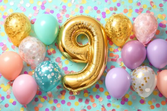 Colorful Celebration With Gold Balloon Number Nine and Confetti