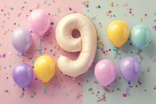 Celebration of a Ninth Birthday with Colorful Balloons and Confetti