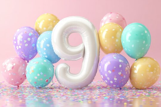 Festive Pink Background with Colorful Balloons and Number Nine