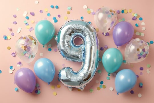 Colorful Party Scene with Number Nine Balloon and Confetti Elements