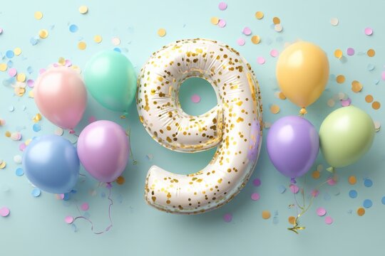 Colorful Birthday Celebration with Gold Confetti and Number Nine