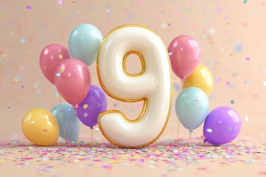 Colorful Number Nine Balloon Display with Party Decorations and Confetti
