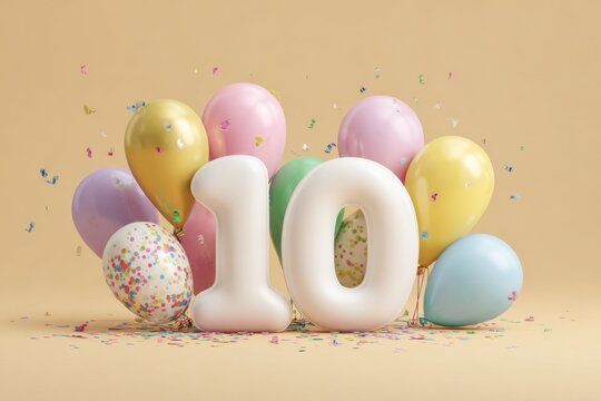 Celebration with Colorful Balloons and Number Ten on a Yellow Background