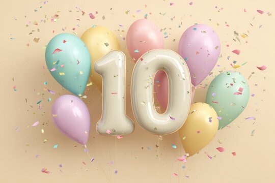 Colorful Celebration of Tenth Birthday with Balloons and Confetti