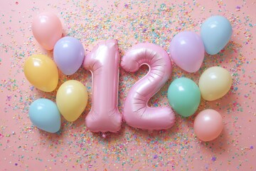 Colorful Balloons and Celebration Confetti for Birthday Number Twelve