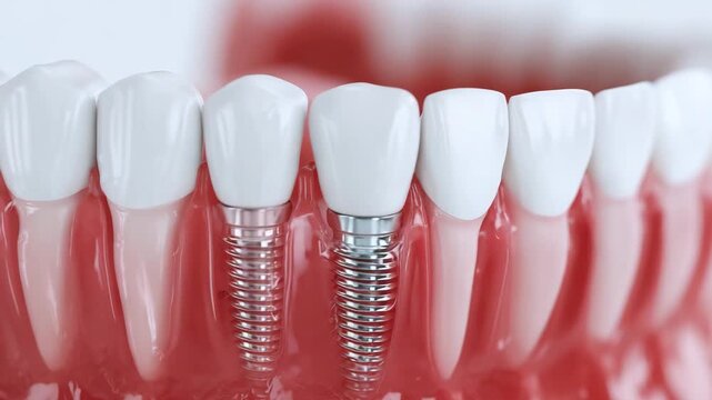 Close up of a dental implant being placed in the jaw to support a prosthetic tooth, demonstrating modern dental techniques and care