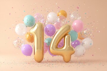 Golden Number 14 with Colorful Balloons and Confetti Celebration