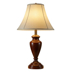 Obraz premium A classic brown wooden table lamp with a beige lampshade isolated on white background