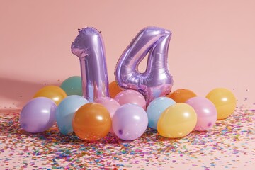 Festive Celebration with Balloons and Number 14 for Birthday Event