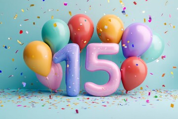 Colorful Balloons and Number Fifteen with Confetti Celebration Scene
