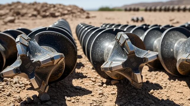 A row of large, sharp auger bits, focused on the lead, laid on a sandy surface outdoors