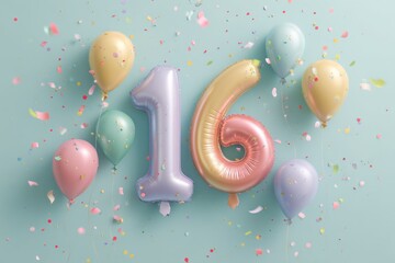 Colorful Celebration with Number 16 Balloons and Confetti on Background