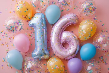 Colorful Celebration for Sixteenth Birthday with Balloons and Confetti