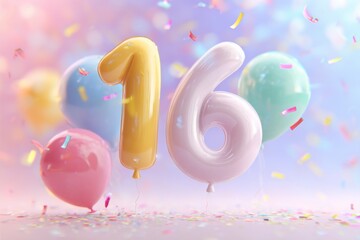 Colorful Balloons with Number Sixteen for Celebration Background